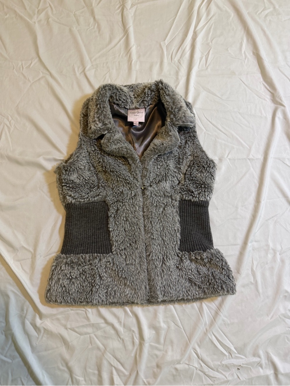 Romeo & Juliet Couture Gray Faux Fur Vest with Ribbed Side Panels